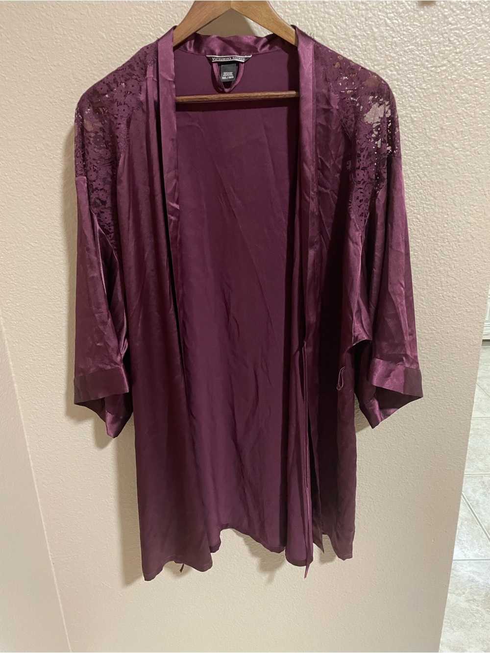 Victoria Secret Deep Plum Satin Robe with Lace Shoulder Panels